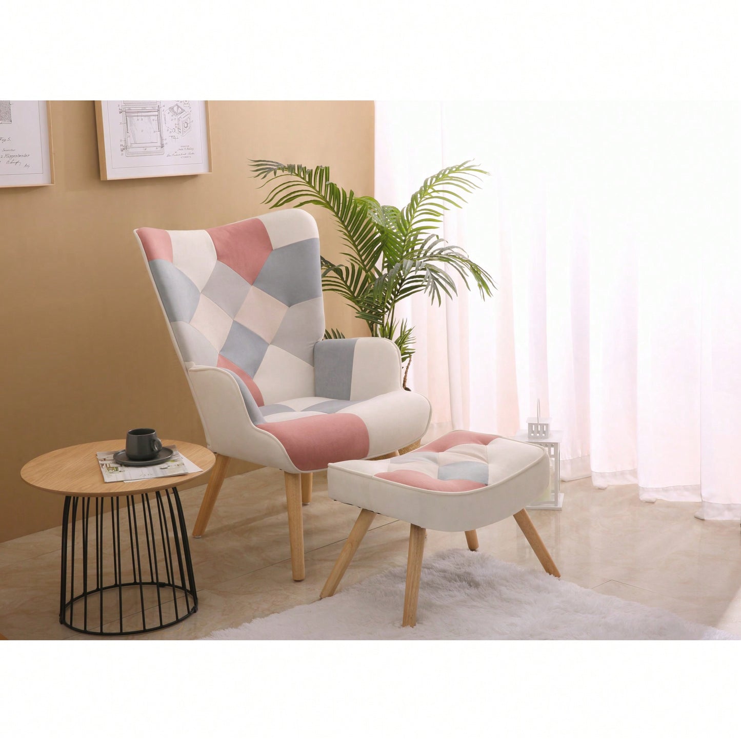 Accent Chair And Ottoman Set For Living Room And Bedroom Comfortable Side Armchair With Creative Splicing Fabric Design