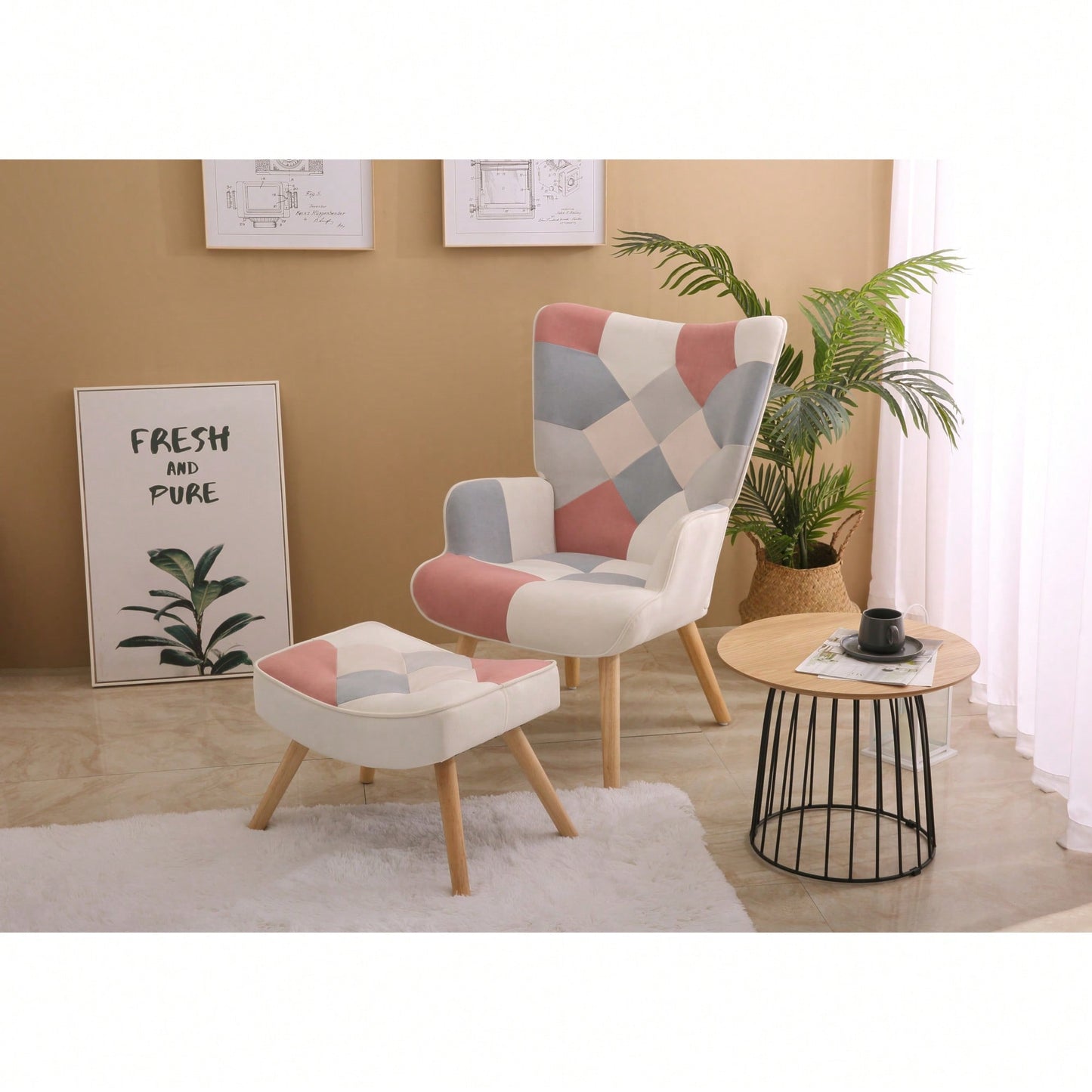 Accent Chair And Ottoman Set For Living Room And Bedroom Comfortable Side Armchair With Creative Splicing Fabric Design