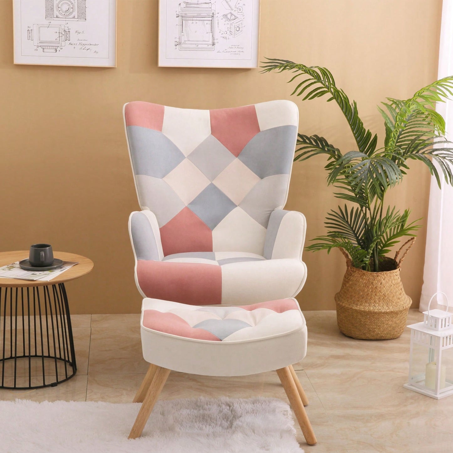 Accent Chair And Ottoman Set For Living Room And Bedroom Comfortable Side Armchair With Creative Splicing Fabric Design