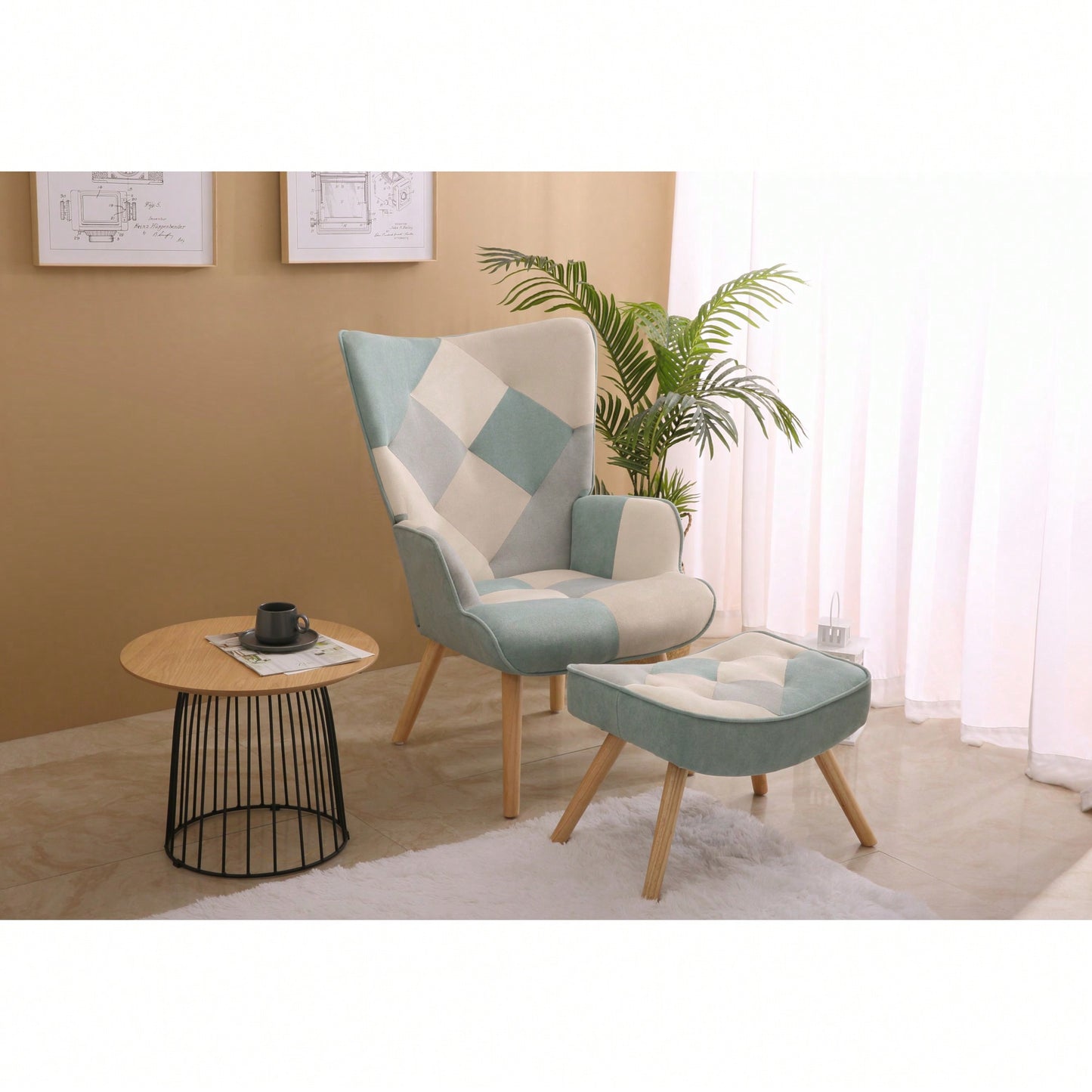 Accent Chair And Ottoman Set For Living Room And Bedroom Comfortable Side Armchair With Creative Splicing Fabric Design