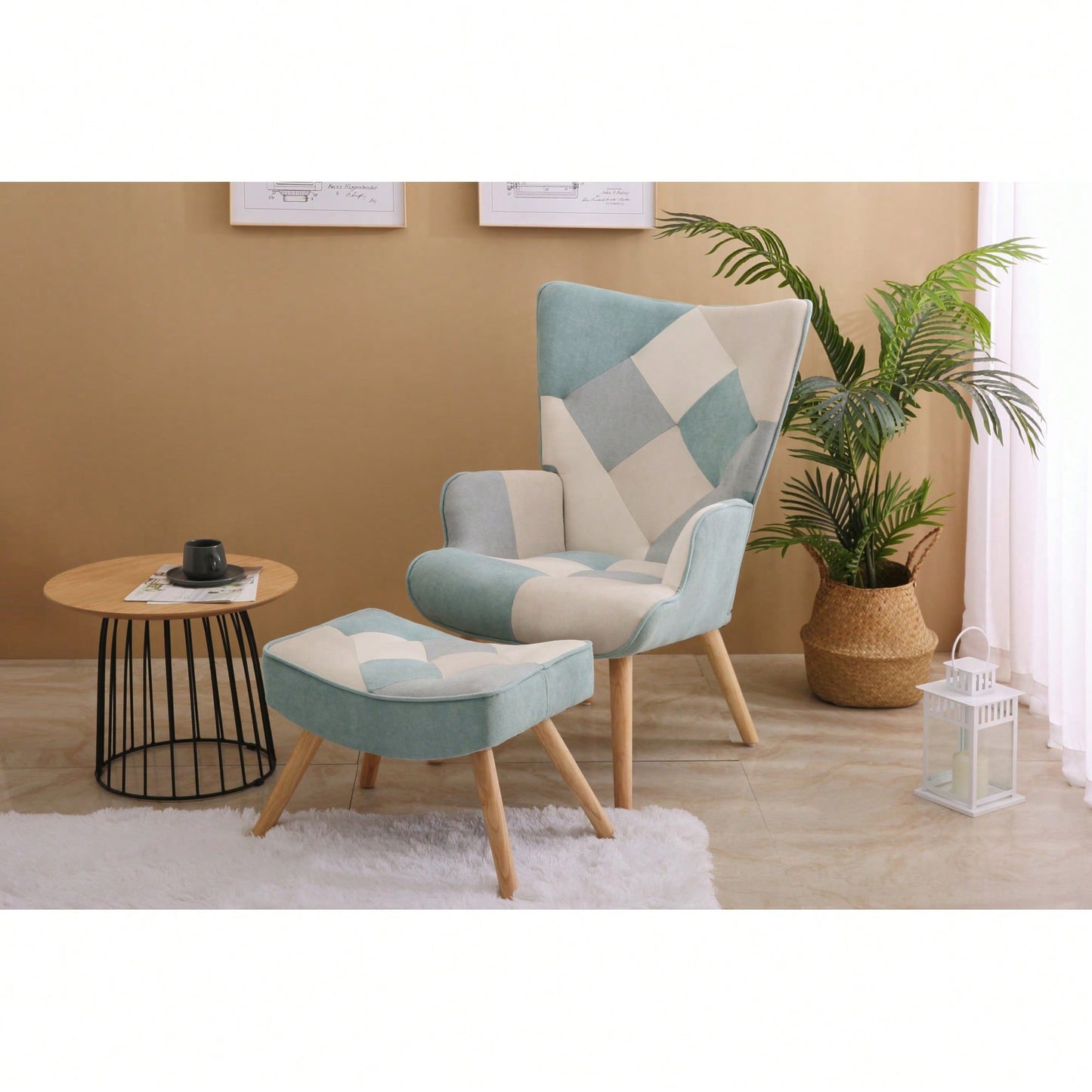 Accent Chair And Ottoman Set For Living Room And Bedroom Comfortable Side Armchair With Creative Splicing Fabric Design