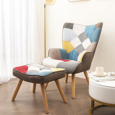 Accent Chair And Ottoman Set For Living Room And Bedroom Comfortable Side Armchair With Creative Splicing Fabric Design