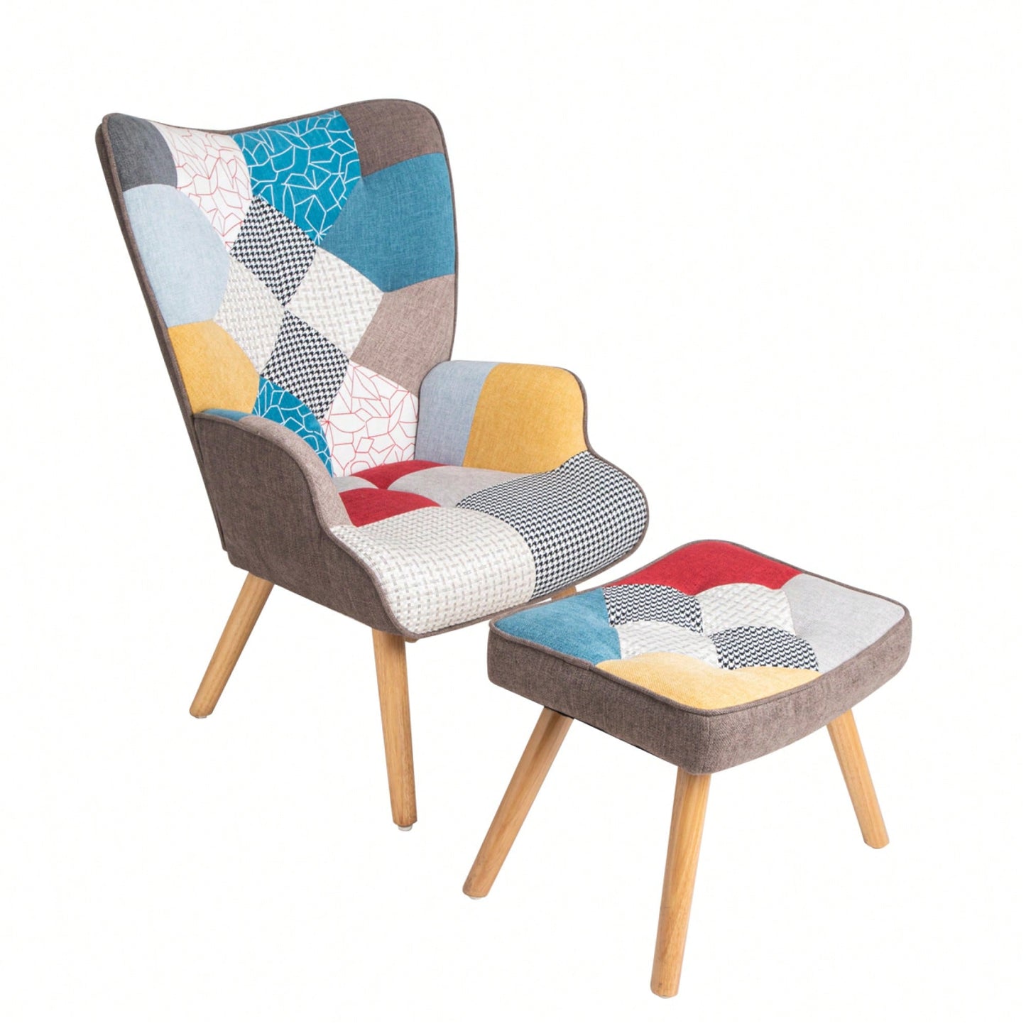 Accent Chair And Ottoman Set For Living Room And Bedroom Comfortable Side Armchair With Creative Splicing Fabric Design