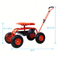 Garden Cart Seat With Wheels And Tool Tray 360 Swivel Design For Easy Mobility And Convenience