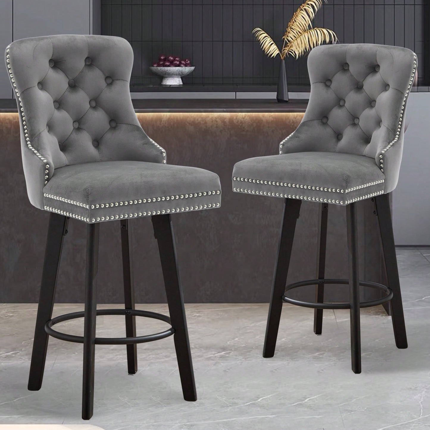 Velvet Button Tufted Swivel Bar Stools With Rivet Trim And Metal Pull Ring For Kitchen Island And Home Bar, Navy Blue, Set Of 2