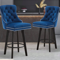 Velvet Button Tufted Swivel Bar Stools With Rivet Trim And Metal Pull Ring For Kitchen Island And Home Bar, Navy Blue, Set Of 2