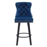 Velvet Button Tufted Swivel Bar Stools With Rivet Trim And Metal Pull Ring For Kitchen Island And Home Bar, Navy Blue, Set Of 2