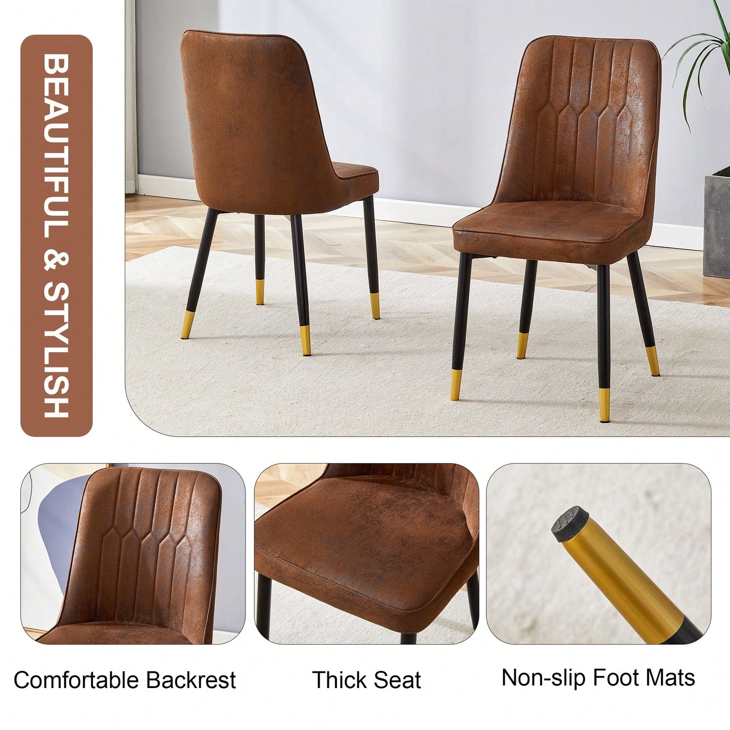 Brown Suede Velvet Dining Chair Set Of Four With Black Metal Legs