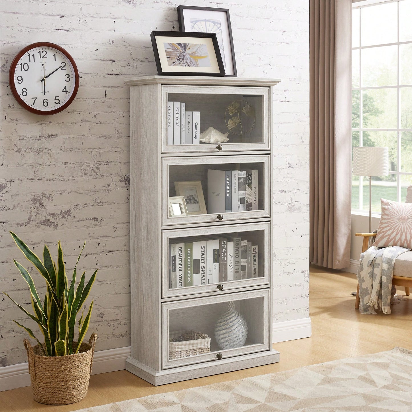 4 Tier Glass Display Cabinet with Flip Up Doors for Collectibles Elegant White Curio Storage Rack for Living Room and Bookcase Use