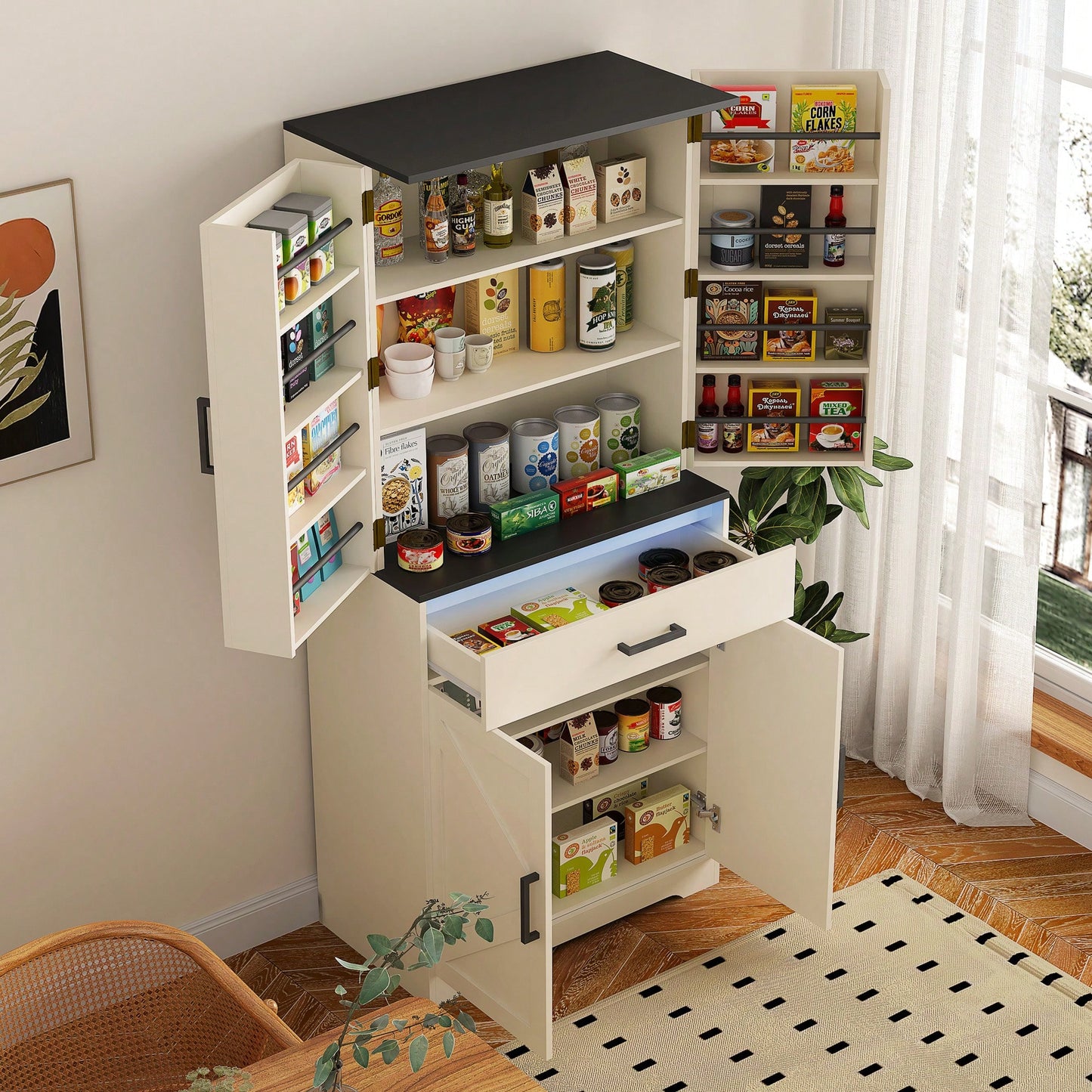 Contemporary Wooden Storage Cabinet With LED Lights And Drawer For Living Room Entryway Bedroom Hallway Office