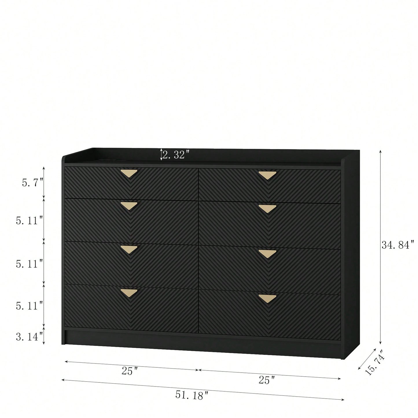 Modern 8 Drawer Double Dresser With LED Lighting Fluted Panel Design Wide Wood Storage Organizer For Bedroom And Living Room Black