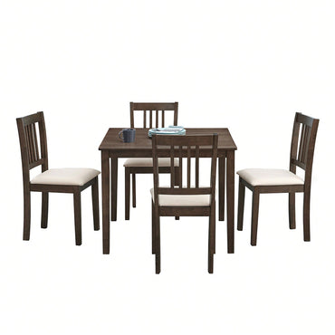 Mid Century Modern Square Wooden Dining Table Set With Upholstered Chairs For Space-Saving Kitchen And Dining Room, Brown Finish