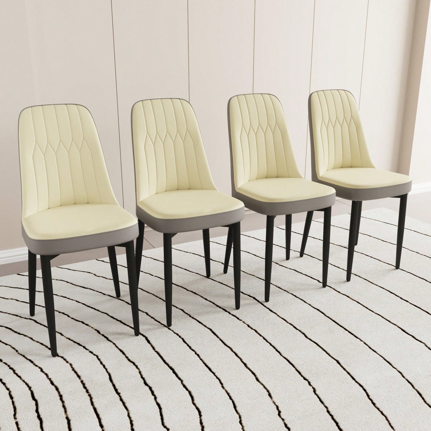Modern PU Leather Dining Chairs Set Of 4 With Soft Cushions And Black Metal Legs In Beige And Grey