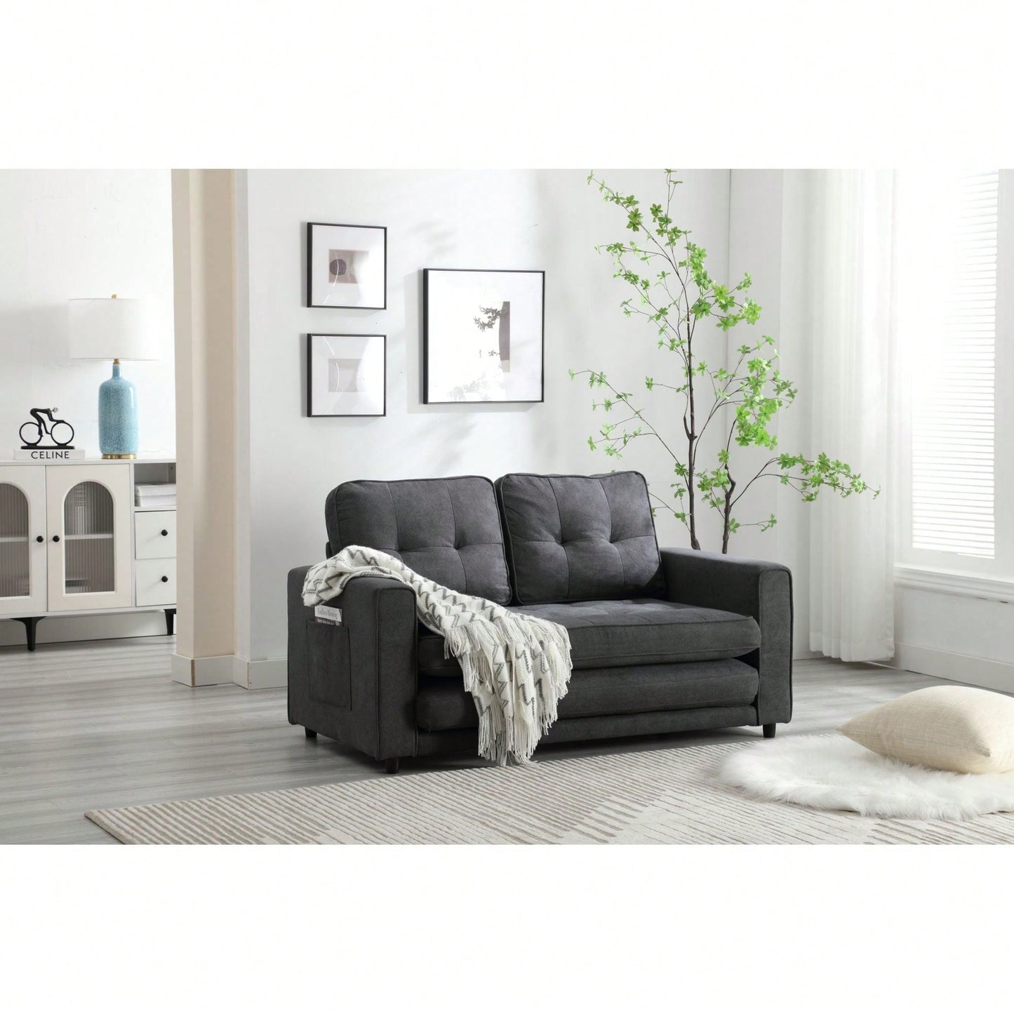 Convertible Futon Sofa Bed Space Saving Loveseat Dark Gray Light Gray Beige Velvet Linen Fabric