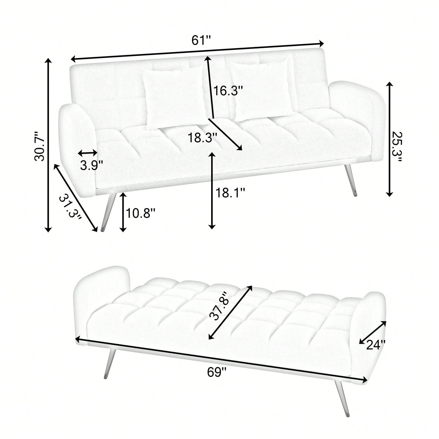 69-Inch Grey Sofa Bed With Adjustable Teddy Fleece And 2 Throw Pillows For Comfort And Style