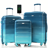 3-Piece Luggage Set With USB Port Airline Approved Carry-On 20-Inch Hard Shell Spinner Wheels And Cup Holder Black