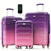 3-Piece Luggage Set With USB Port Airline Approved Carry-On 20-Inch Hard Shell Spinner Wheels And Cup Holder Black