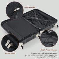 3-Piece Luggage Set With USB Port Airline Approved Carry-On 20-Inch Hard Shell Spinner Wheels And Cup Holder Black