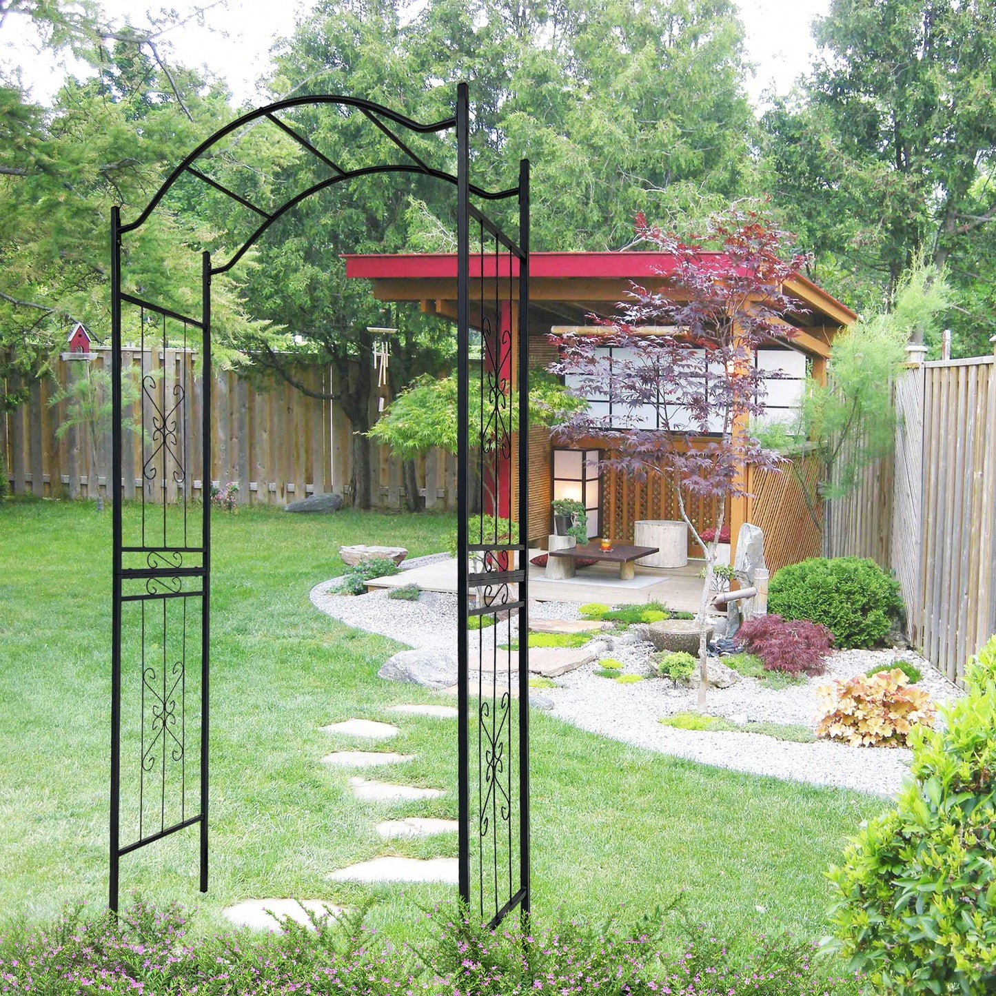 Black Powder Coated Metal Garden Arch For Climbing Plants 7.5ft Height Outdoor Arbor Support Structure