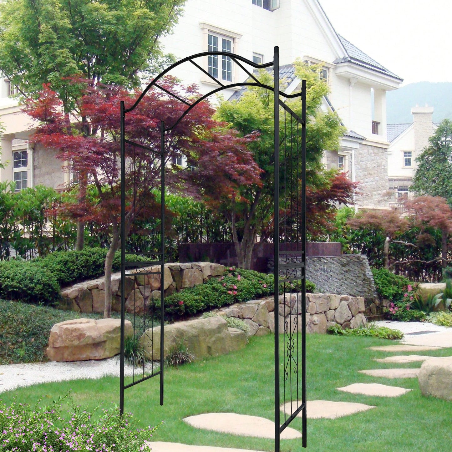 Black Powder Coated Metal Garden Arch For Climbing Plants 7.5ft Height Outdoor Arbor Support Structure