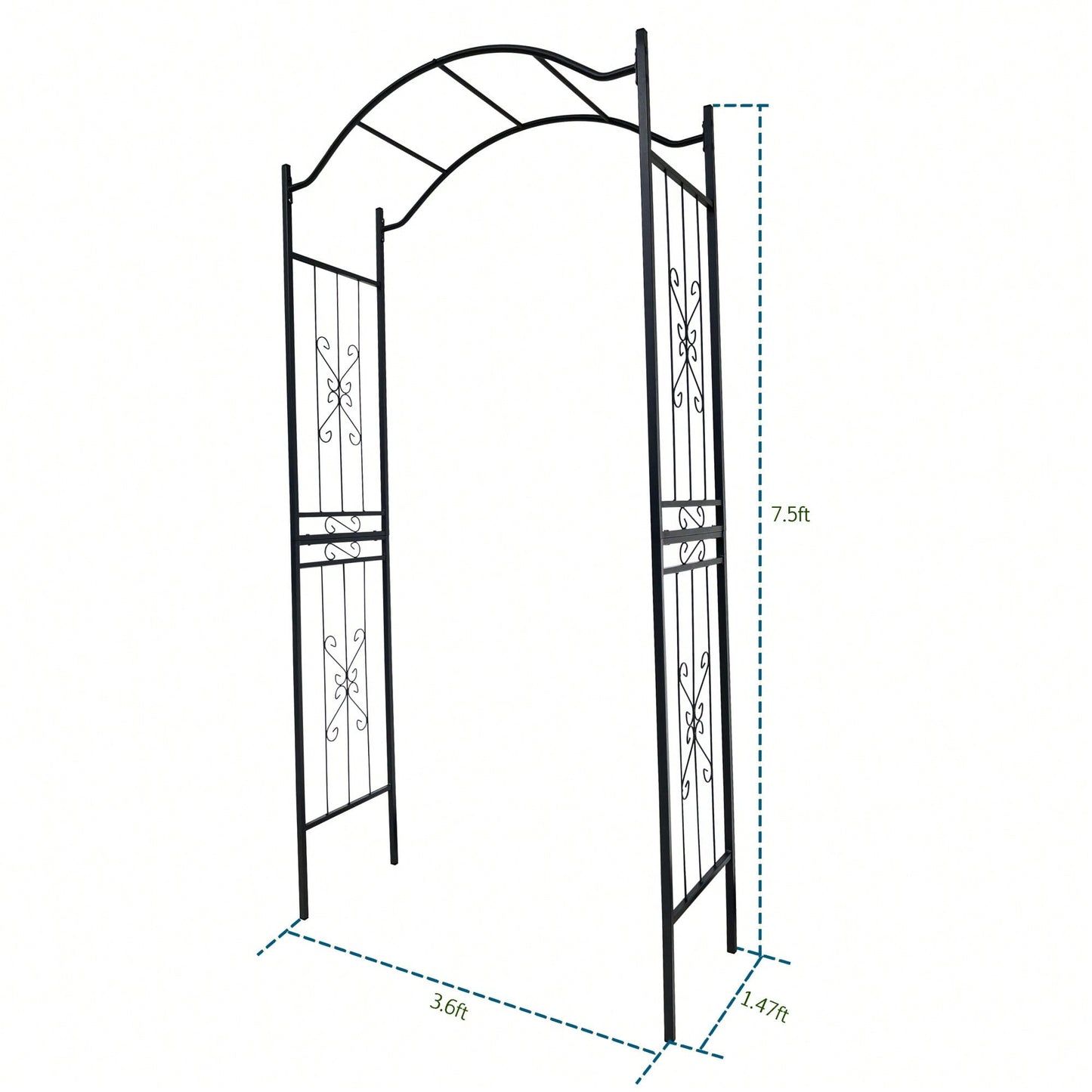 Black Powder Coated Metal Garden Arch For Climbing Plants 7.5ft Height Outdoor Arbor Support Structure