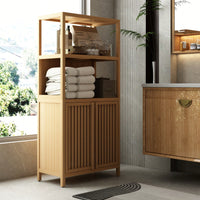 Freestanding Bamboo Storage Cabinet With 2 Doors For Bathroom, Living Room, Kitchen, And Entryway Organization