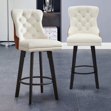 Elegant Velvet Swivel Bar Stools with Button Tufting Rivet Trim for Kitchen Island Home Bar Metal Pull Ring Sturdy Footrest