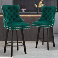 Elegant Velvet Swivel Bar Stools with Button Tufting Rivet Trim for Kitchen Island Home Bar Metal Pull Ring Sturdy Footrest
