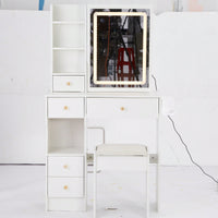 Compact Vanity Table with Cushioned Stool Dual AC USB Ports Hair Dryer Holder Extra Large Touch Control LED Mirror Tri-Color Lighting