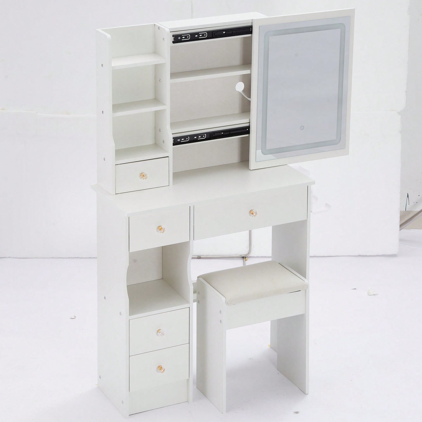 Compact Vanity Table with Cushioned Stool Dual AC USB Ports Hair Dryer Holder Extra Large Touch Control LED Mirror Tri-Color Lighting