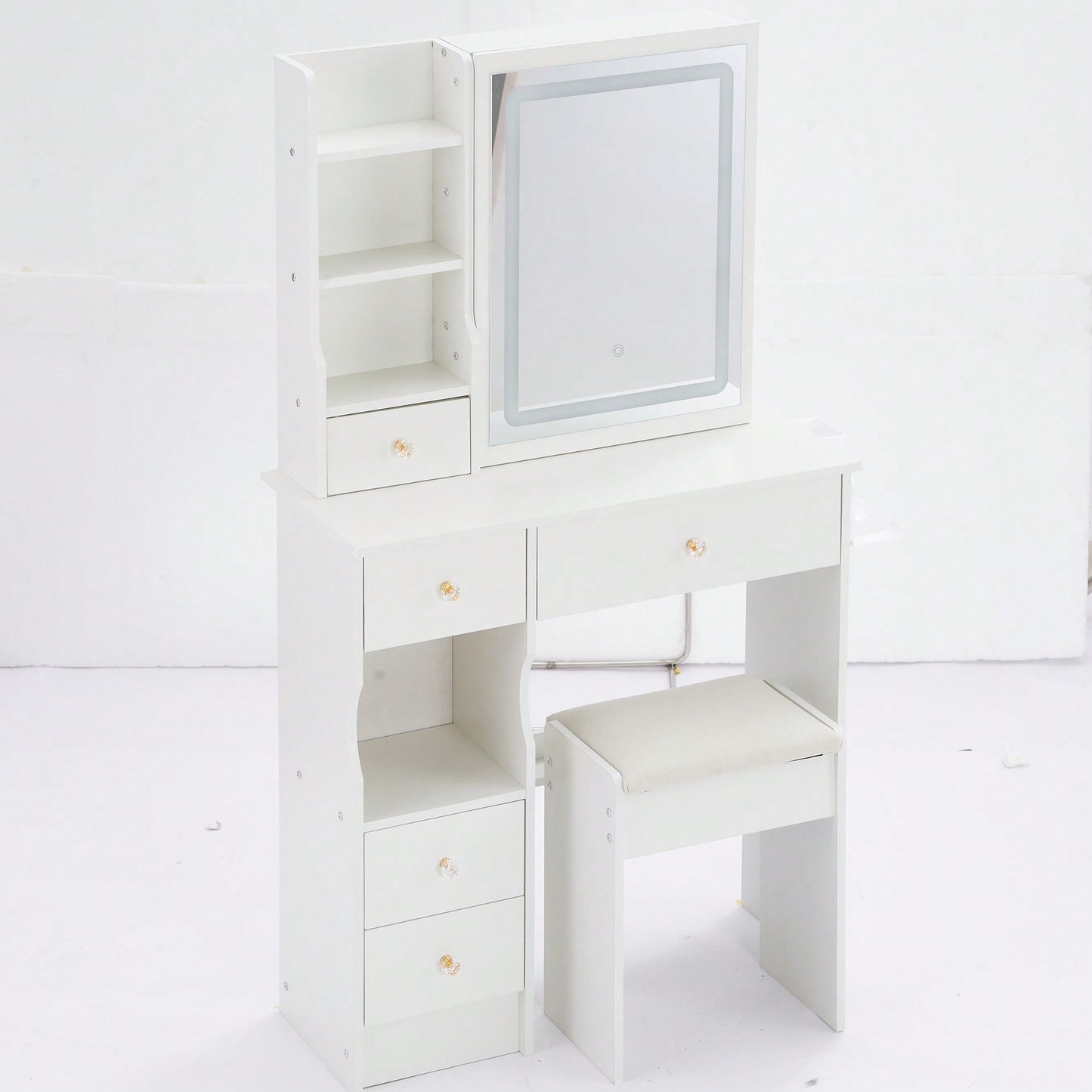 Compact Vanity Table with Cushioned Stool Dual AC USB Ports Hair Dryer Holder Extra Large Touch Control LED Mirror Tri-Color Lighting