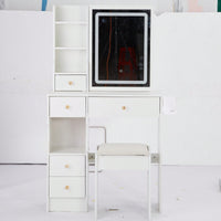 Compact Vanity Table with Cushioned Stool Dual AC USB Ports Hair Dryer Holder Extra Large Touch Control LED Mirror Tri-Color Lighting