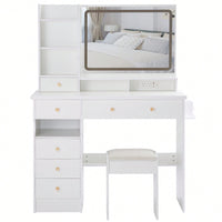 Large Vanity Table Set with Cushioned Stool, 2 AC Outlets, 2 USB Ports, Touch Control LED Mirror, 3 Color Switch, Hair Dryer Stand