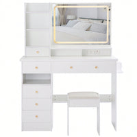 Large Vanity Table Set with Cushioned Stool, 2 AC Outlets, 2 USB Ports, Touch Control LED Mirror, 3 Color Switch, Hair Dryer Stand