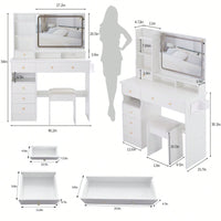 Large Vanity Table Set with Cushioned Stool, 2 AC Outlets, 2 USB Ports, Touch Control LED Mirror, 3 Color Switch, Hair Dryer Stand