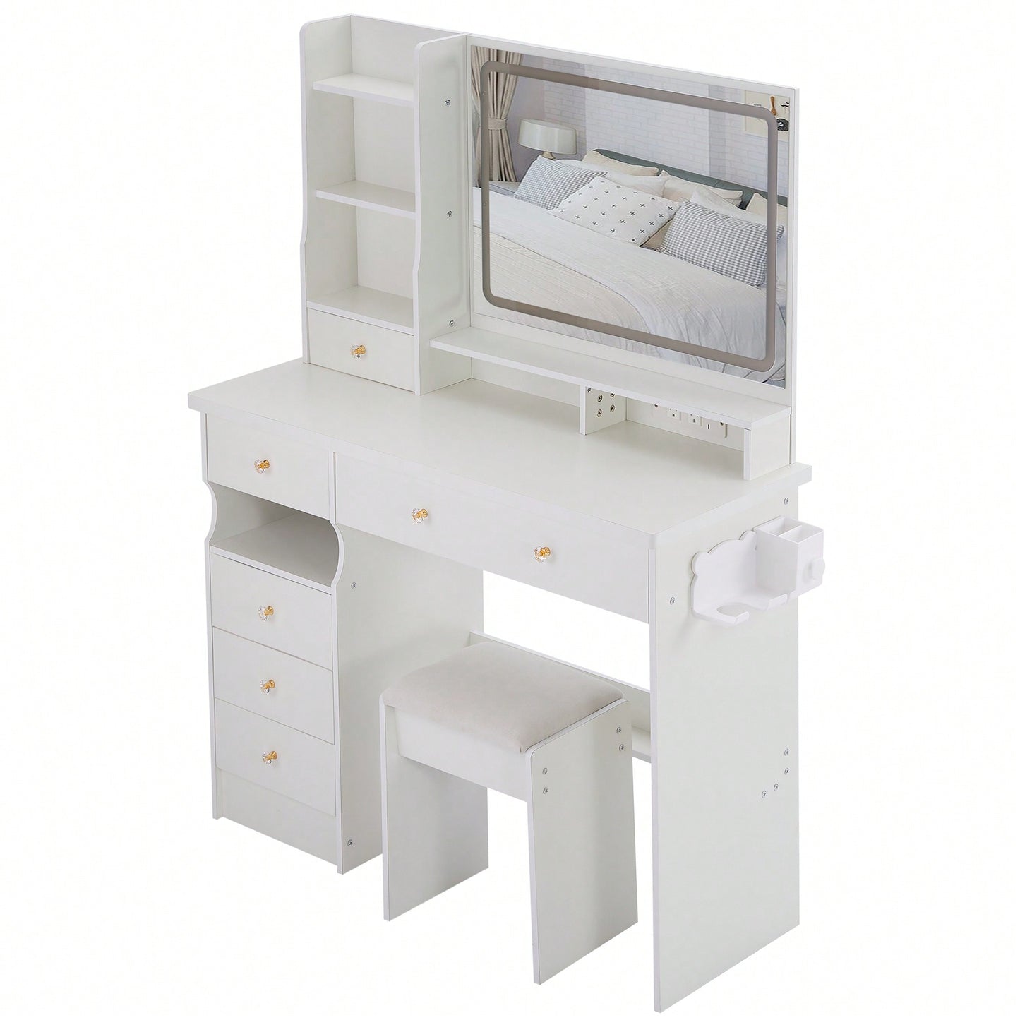Large Vanity Table Set with Cushioned Stool, 2 AC Outlets, 2 USB Ports, Touch Control LED Mirror, 3 Color Switch, Hair Dryer Stand