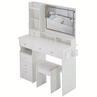 Large Vanity Table Set with Cushioned Stool, 2 AC Outlets, 2 USB Ports, Touch Control LED Mirror, 3 Color Switch, Hair Dryer Stand