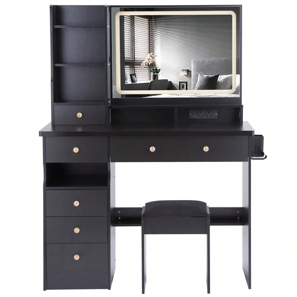 Large Vanity Table Set with Cushioned Stool, 2 AC Outlets, 2 USB Ports, Touch Control LED Mirror, 3 Color Switch, Hair Dryer Stand