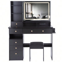Large Vanity Table Set with Cushioned Stool, 2 AC Outlets, 2 USB Ports, Touch Control LED Mirror, 3 Color Switch, Hair Dryer Stand