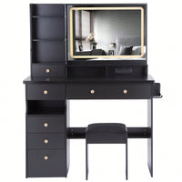 Large Vanity Table Set with Cushioned Stool, 2 AC Outlets, 2 USB Ports, Touch Control LED Mirror, 3 Color Switch, Hair Dryer Stand