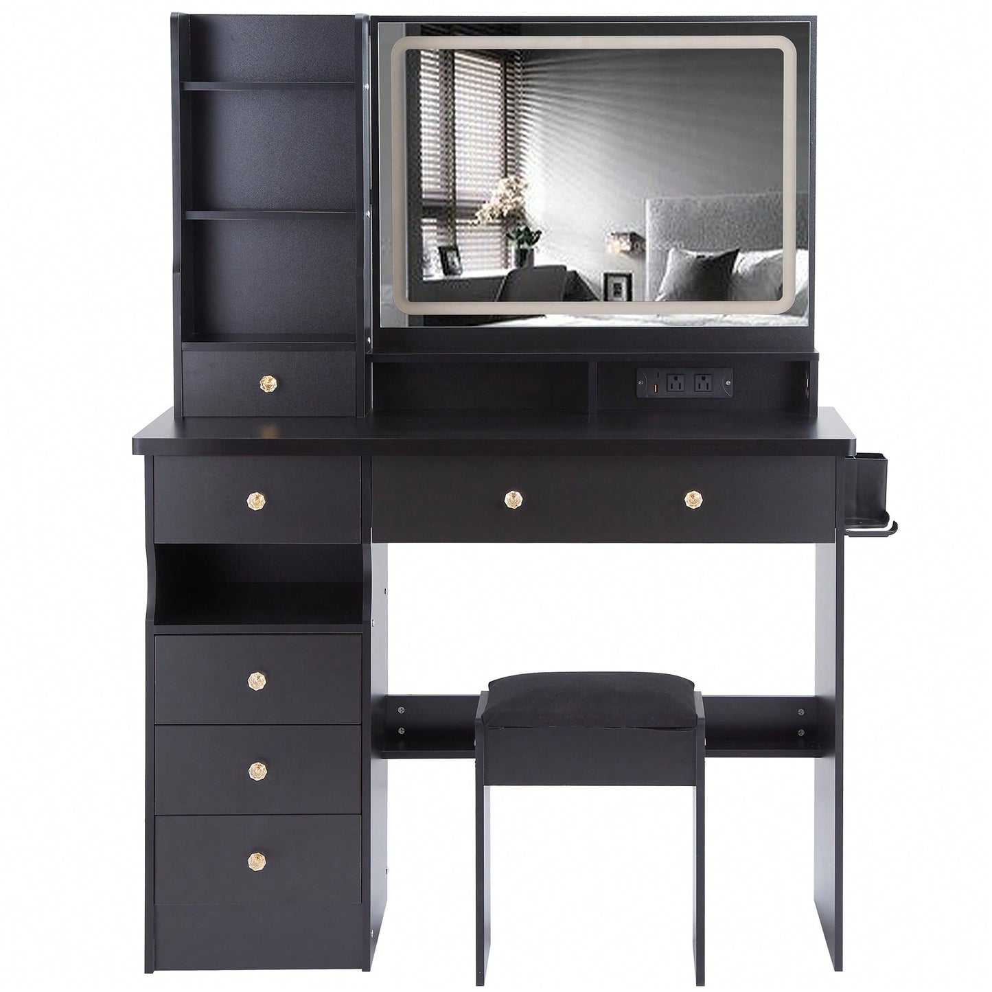 Large Vanity Table Set with Cushioned Stool, 2 AC Outlets, 2 USB Ports, Touch Control LED Mirror, 3 Color Switch, Hair Dryer Stand
