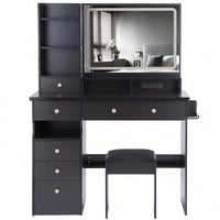 Large Vanity Table Set with Cushioned Stool, 2 AC Outlets, 2 USB Ports, Touch Control LED Mirror, 3 Color Switch, Hair Dryer Stand