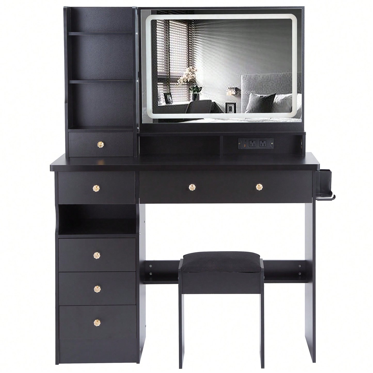 Large Vanity Table Set with Cushioned Stool, 2 AC Outlets, 2 USB Ports, Touch Control LED Mirror, 3 Color Switch, Hair Dryer Stand