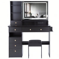 Large Vanity Table Set with Cushioned Stool, 2 AC Outlets, 2 USB Ports, Touch Control LED Mirror, 3 Color Switch, Hair Dryer Stand