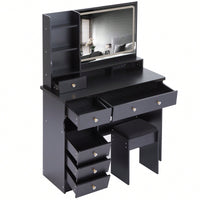 Large Vanity Table Set with Cushioned Stool, 2 AC Outlets, 2 USB Ports, Touch Control LED Mirror, 3 Color Switch, Hair Dryer Stand
