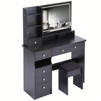 Large Vanity Table Set with Cushioned Stool, 2 AC Outlets, 2 USB Ports, Touch Control LED Mirror, 3 Color Switch, Hair Dryer Stand