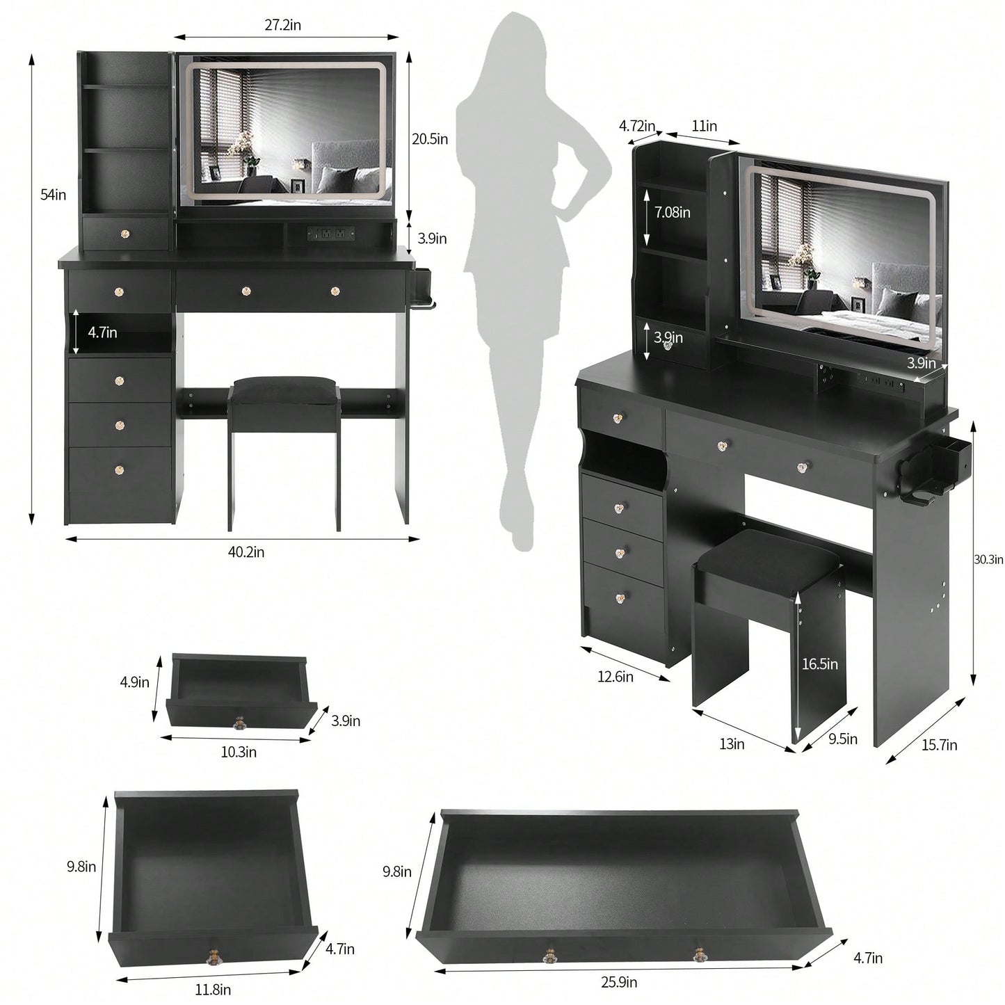 Large Vanity Table Set with Cushioned Stool, 2 AC Outlets, 2 USB Ports, Touch Control LED Mirror, 3 Color Switch, Hair Dryer Stand