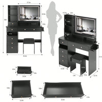 Large Vanity Table Set with Cushioned Stool, 2 AC Outlets, 2 USB Ports, Touch Control LED Mirror, 3 Color Switch, Hair Dryer Stand