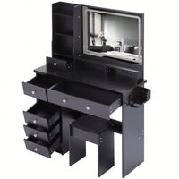 Large Vanity Table Set with Cushioned Stool, 2 AC Outlets, 2 USB Ports, Touch Control LED Mirror, 3 Color Switch, Hair Dryer Stand