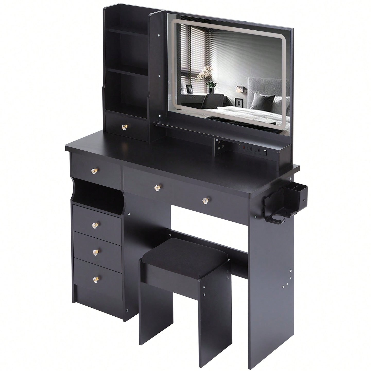 Large Vanity Table Set with Cushioned Stool, 2 AC Outlets, 2 USB Ports, Touch Control LED Mirror, 3 Color Switch, Hair Dryer Stand